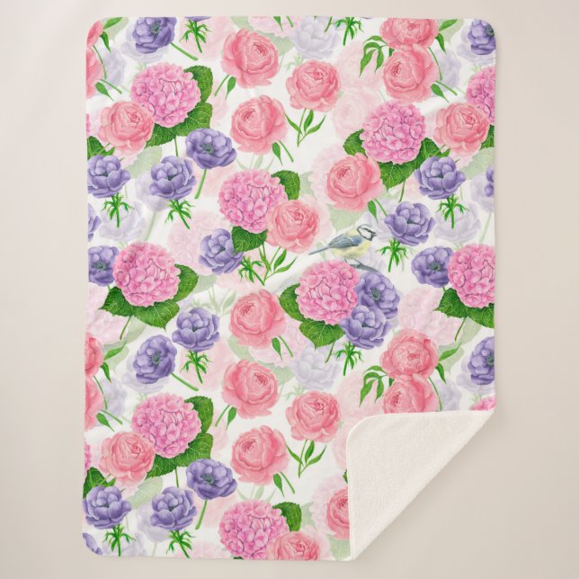 Tit bird and flowers sherpa blanket (Front)