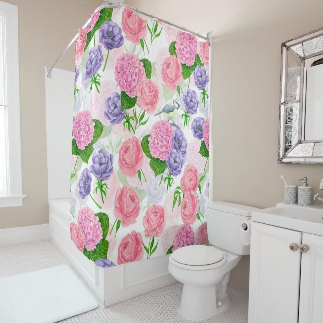 Tit bird and flowers shower curtain (In Situ)