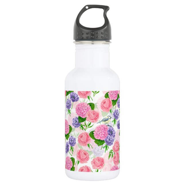Tit bird and flowers stainless steel water bottle (Front)