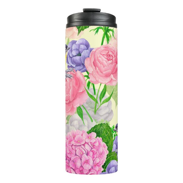 Tit bird and flowers thermal tumbler (Front)