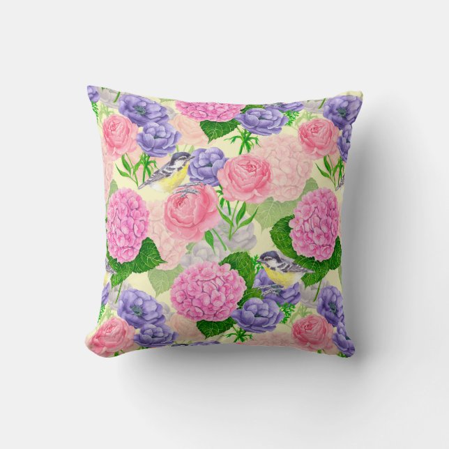 Tit bird and flowers throw pillow (Front)