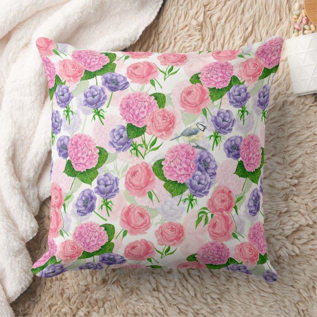 Tit bird and flowers throw pillow (Blanket)