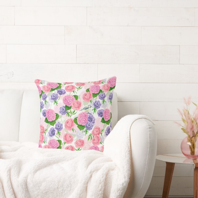 Tit bird and flowers throw pillow (Couch)