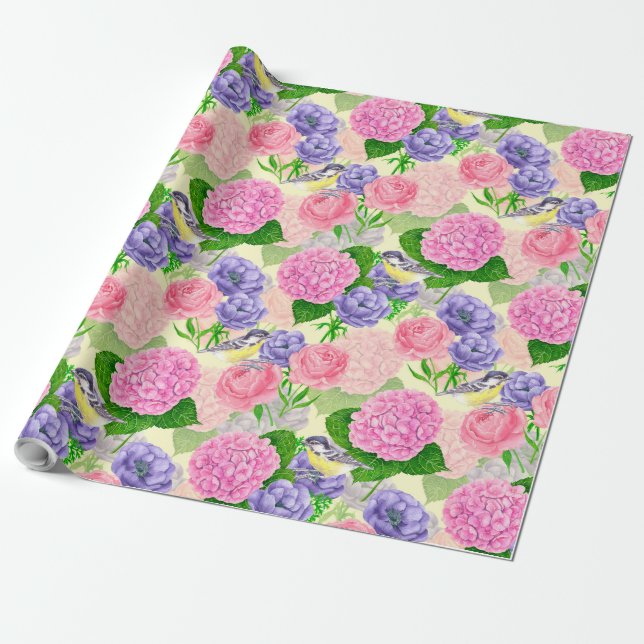 Tit bird and flowers wrapping paper (Unrolled)