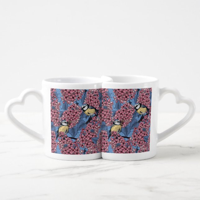 Tit birds in the lilac garden coffee mug set (Front Nesting)