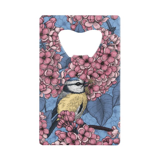 Tit birds in the lilac garden credit card bottle opener (Front)