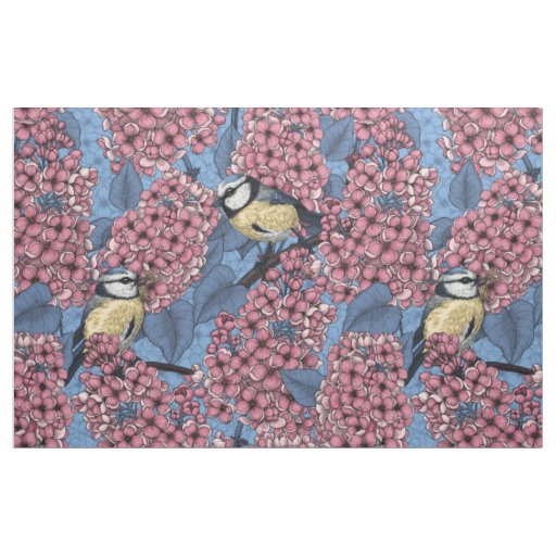 Tit birds in the lilac garden fabric