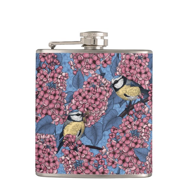 Tit birds in the lilac garden flask (Front)