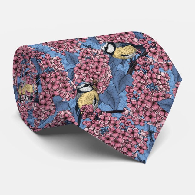Tit birds in the lilac garden neck tie (Rolled)