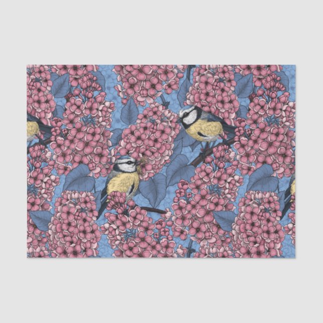 Tit birds in the lilac garden tissue paper (Front)