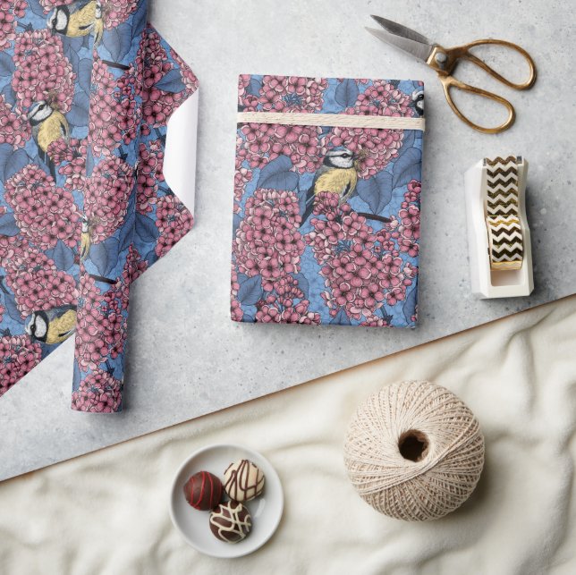 Tit birds in the lilac garden wrapping paper (Crafts)
