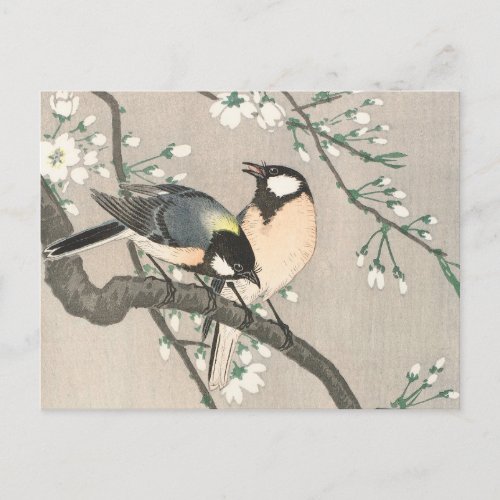 Tit on Cherry Branch Painting by Ohara Koson Postcard