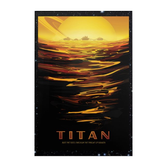 Titan Moon of Saturn space destination advert Acrylic Print (Front)