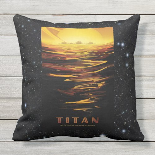 Titan Moon of Saturn space destination advert Outdoor Pillow