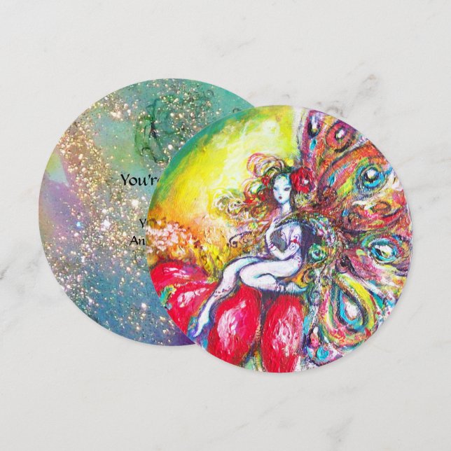 TITANIA AND RED FLOWER ,Green Teal Blue Sparkles Invitation (Front/Back)