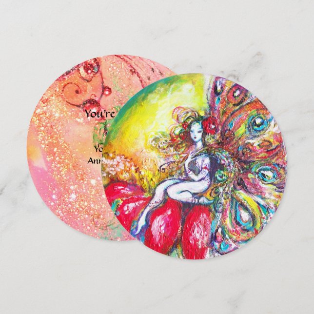 TITANIA AND RED FLOWER ,Green Yellow Pink Sparkles Invitation (Front/Back)