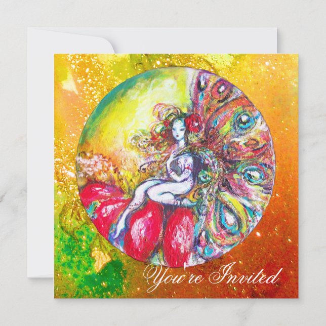 TITANIA,FLOWER FAIRY,Gold Yellow Green Red Fantasy Invitation (Front)