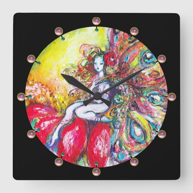TITANIA SITTING ON A RED FLOWER SQUARE WALL CLOCK (Front)