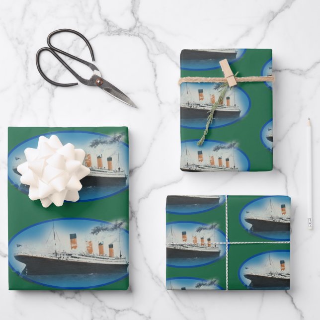 Titanic Birthday Green White Star Line Ship Wrapping Paper Sheets (Front)