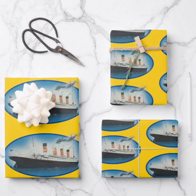 Titanic Birthday Yellow White Star Line Ship Wrapping Paper Sheets (Front)