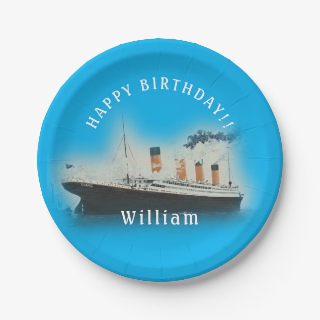 Titanic Blue Birthday White Star Line Ship Paper Plates (Front)