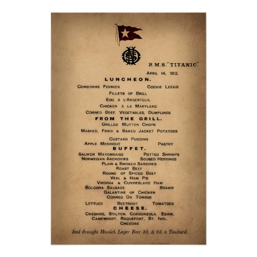 TITANIC Final Luncheon Menu 1912 Poster