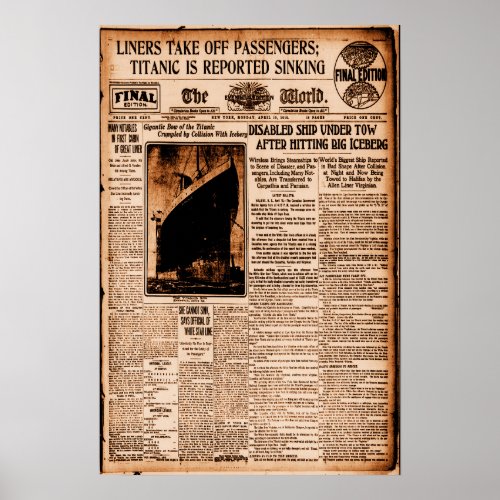 Titanic Is Reported Sinking Sepia Vintage Maritime Poster