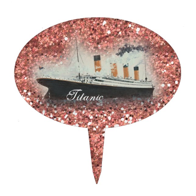Titanic Rose Gold Glitter White Star Line Ship Cake Topper (Front)