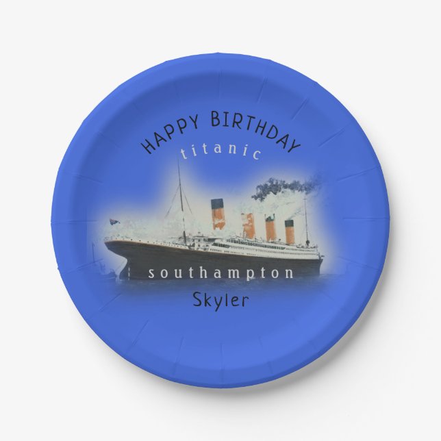 Titanic Ship Happy Birthday Name Marine Blue Paper Plates (Front)