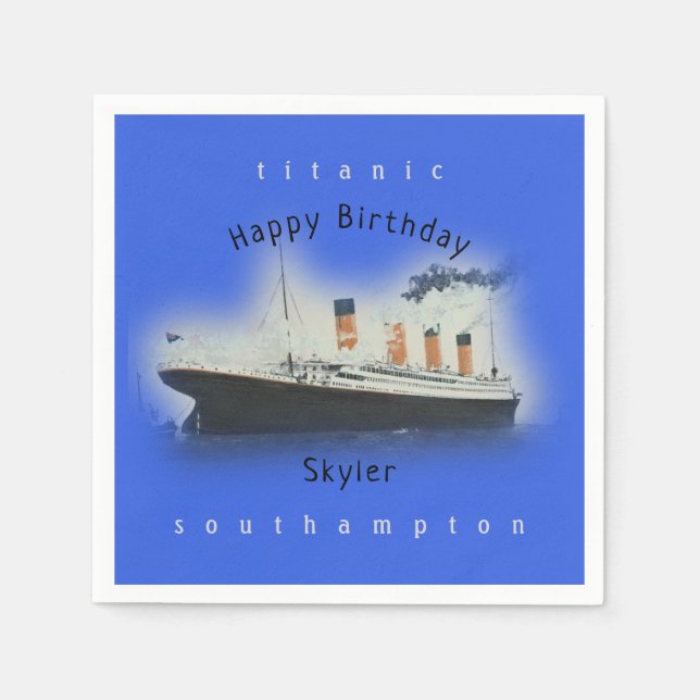 Titanic Ship Happy Birthday Name Marinne Blue Napkins (Front)