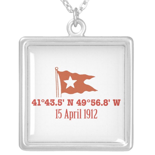 Titanic Sinking GPS Coordinates & White Star Flag Silver Plated Necklace (Front)