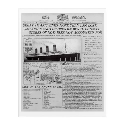 TITANIC SINKS _ Frontpage News Worldwide 1912 Acrylic Print