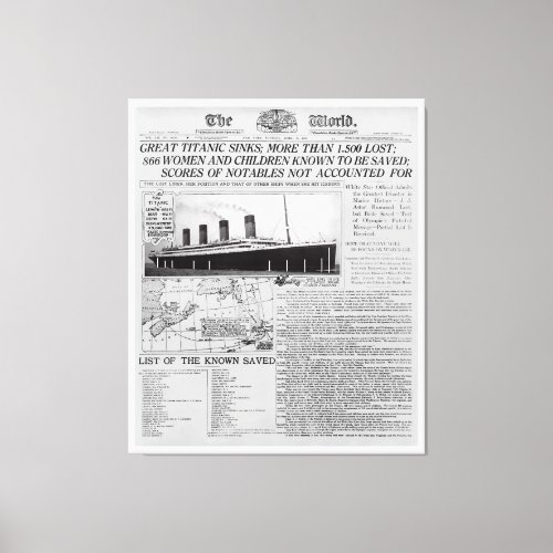 TITANIC SINKS _ Frontpage News Worldwide 1912 Canvas Print