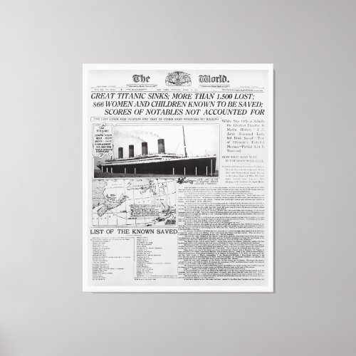 TITANIC SINKS _ Frontpage News Worldwide 1912 Canvas Print