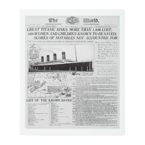 TITANIC SINKS _ Frontpage News Worldwide 1912 Metal Print