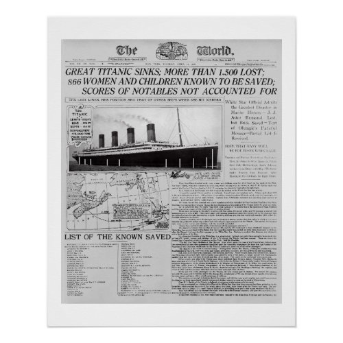 TITANIC SINKS _ Frontpage News Worldwide 1912 Poster
