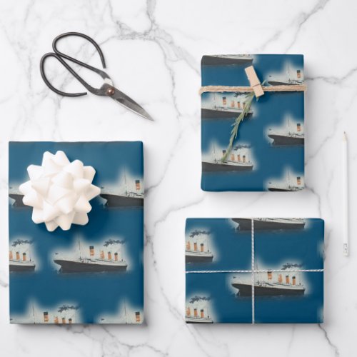 Titanic Vintage Dark Blue Sea White Star Line Ship Wrapping Paper Sheets