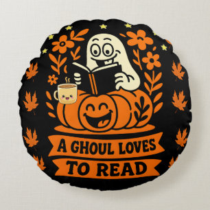 Title: A Ghoul Loves to Read Bookworm Halloween Gi Round Pillow