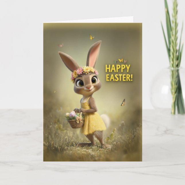 Title Adorable Easter Bunny with Basket and Flower Card (Front)