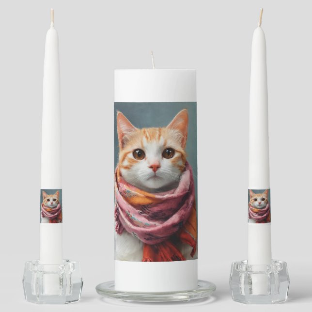 Title: Charming Cat with a Cozy Scarf Unity Candle Set (Front)