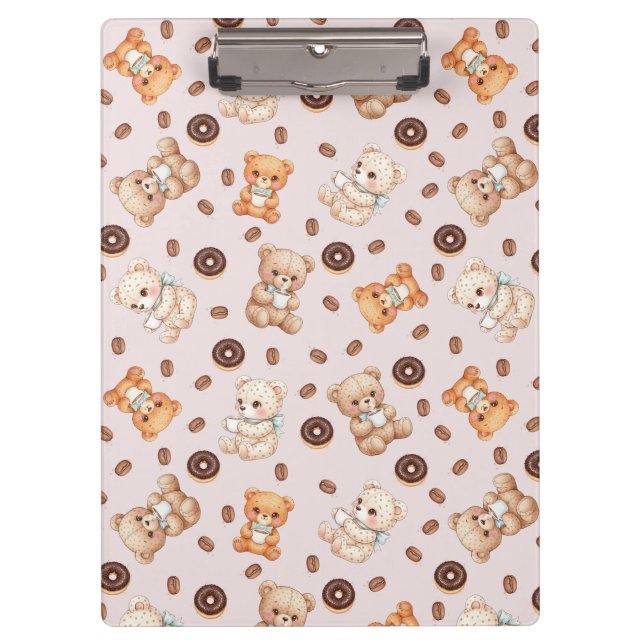 Title Cute Coffee and Donuts Bear Seamless Pattern Clipboard (Front)