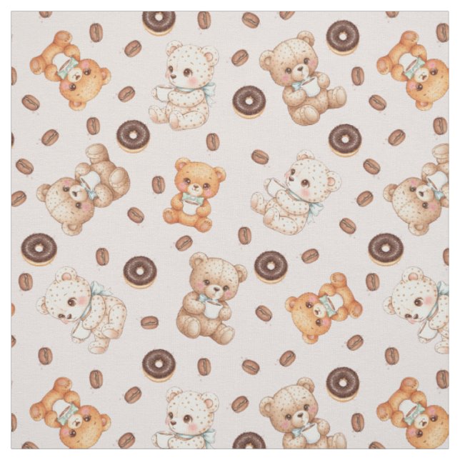 Title Cute Coffee and Donuts Bear Seamless Pattern Fabric (Swatch)