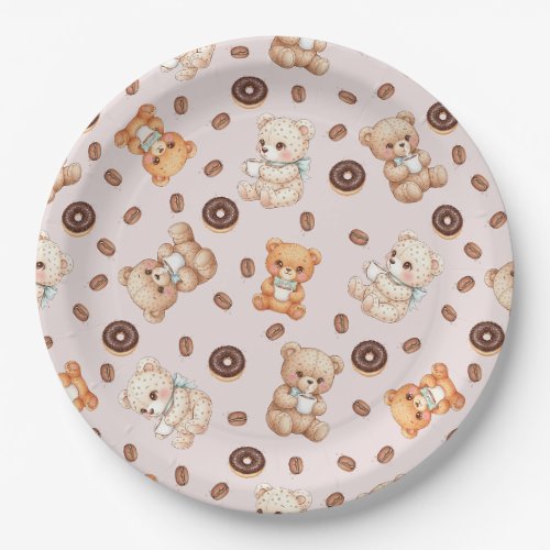 Title Cute Coffee and Donuts Bear Seamless Pattern Paper Plates