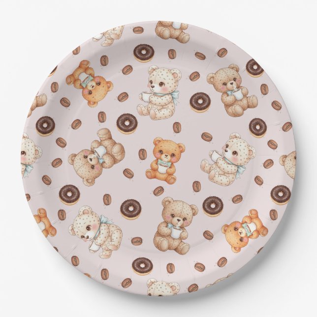 Title Cute Coffee and Donuts Bear Seamless Pattern Paper Plates (Front)