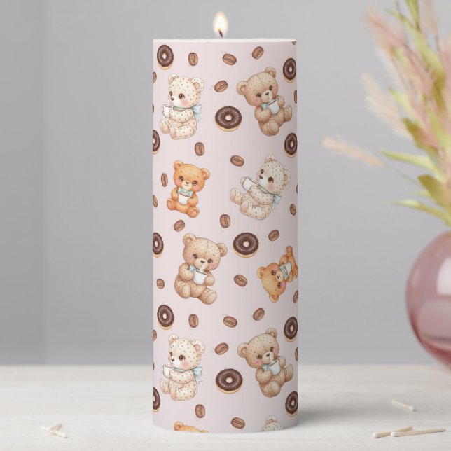 Title Cute Coffee and Donuts Bear Seamless Pattern Pillar Candle (In Situ)