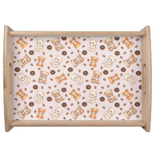 Title Cute Coffee and Donuts Bear Seamless Pattern Serving Tray