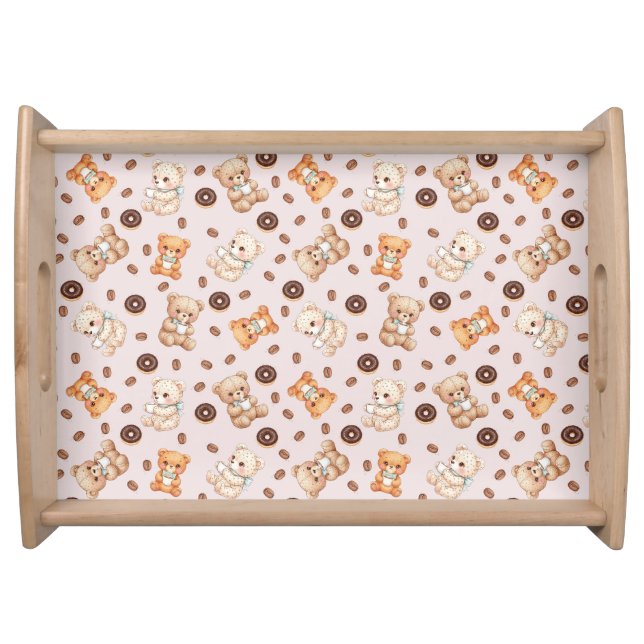 Title Cute Coffee and Donuts Bear Seamless Pattern Serving Tray (Front)