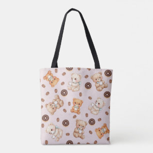 Title Cute Coffee and Donuts Bear Seamless Pattern Tote Bag