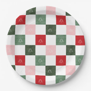 Title Evergreen Tree Checkered Pattern Rustic C Paper Plates