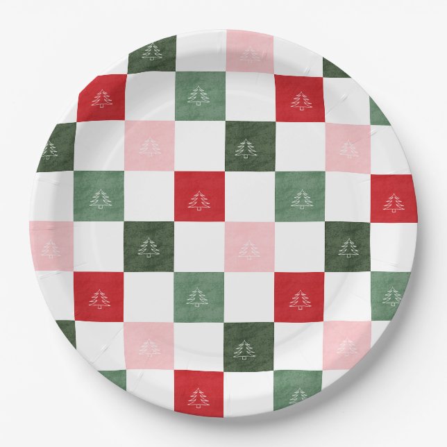 Title  Evergreen Tree Checkered Pattern | Rustic C Paper Plates (Front)